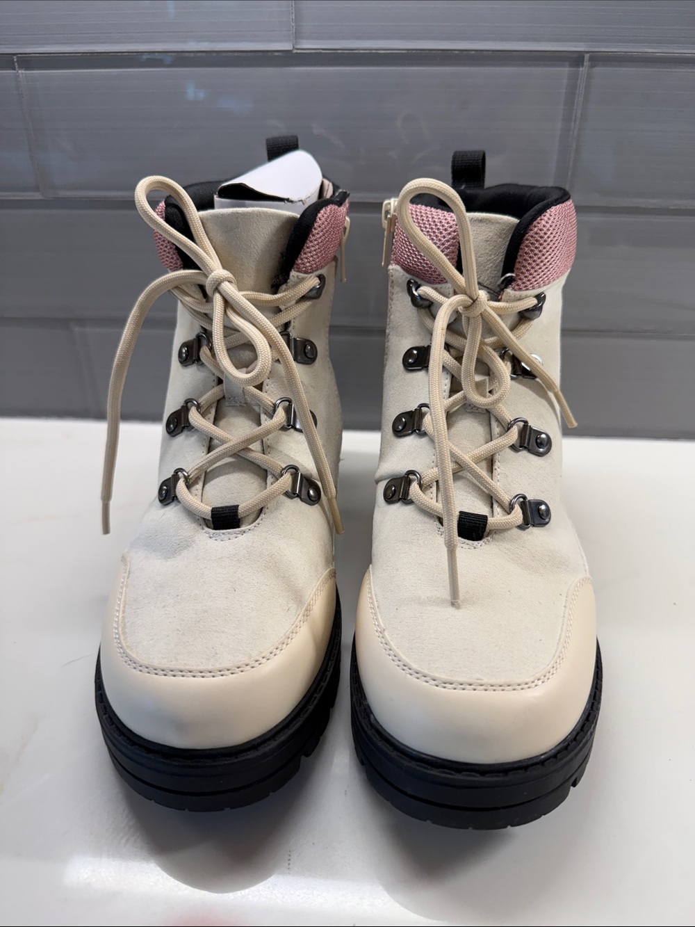 Kids Size 4 Cream Lace-Up Hiking Boots with Pink Collar